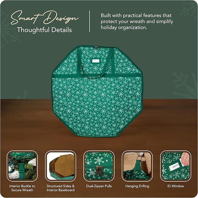Covermates Keepsakes Deluxe Wreath Storage Bag – Heavy-Duty Polyester with Buckle Strap & Structured Interior – Protective Holiday Organizer with Handles, D-Ring & Label Window, Green Snowflake