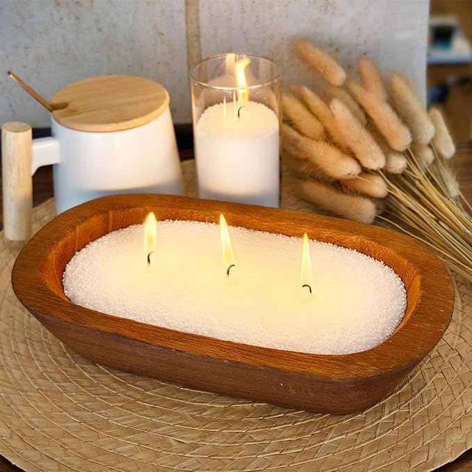 Fovara - Pearled Sand Candles with Wicks, 3.3 lbs - Sand Wax Candle Kit: Wooden Dough Bowl,50 Wicks, Jasmine & Lavender Scented Oil - Long-Lasting Candle Beads, Non-Toxic, Reusable Candles - White