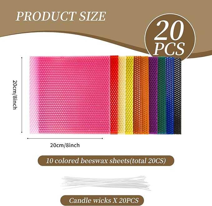 WEJOZEE 8x8 Inch Beeswax Candle Making Kit, Cotton Wick & Stencil - Create Your Own Unique Beeswax Candles-20 Pack -10 Color