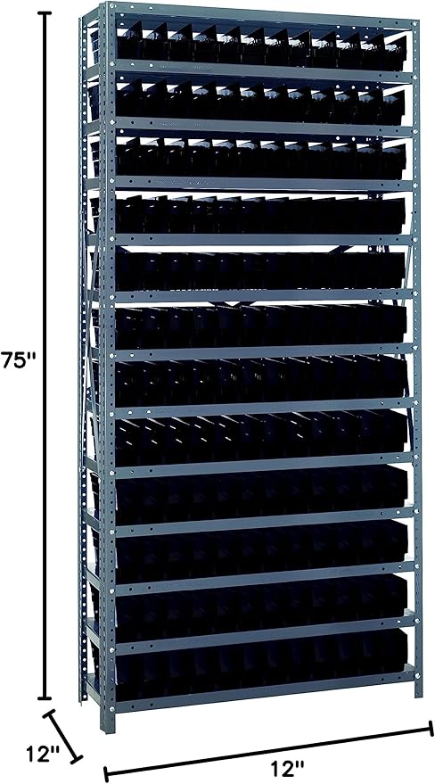Quantum Storage Systems 1275-100BK Solid Heavy Duty 13 Shelves 144 Economy Black Bins 75" H x 36" W x 12" D