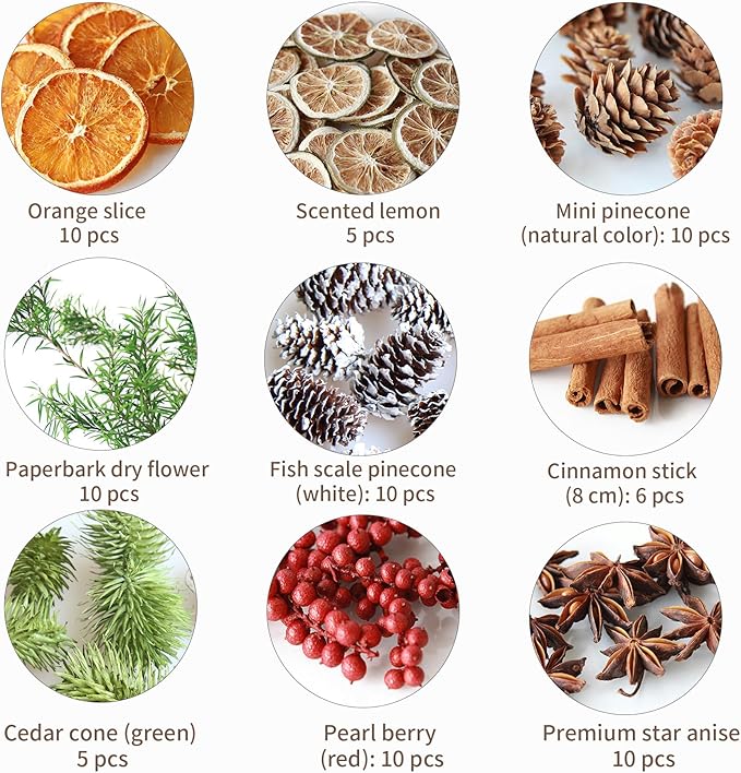 DIY Natural Dried Flower Kit - Bulk Dried Plants, Pine Cones, Scented Lemon Slices, Cinnamon Sticks Wood Roses & Mini Pinecones for Home Décor, Christmas Decoration (Orange - A)