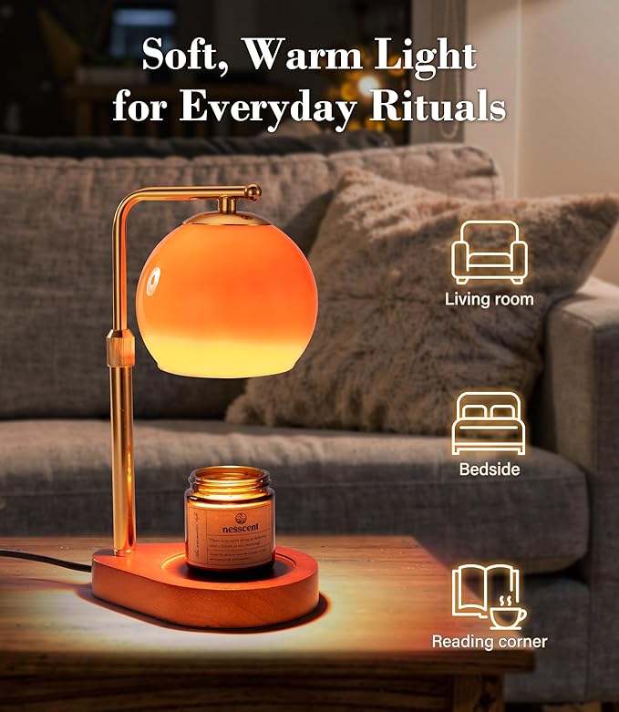 Amber Glass Candle Warmer Lamp Adjustable Height Dimmer 2 4 8 Hour Timer Dark Wood Base Wax Melter Includes Scented Candle and 2 Bulbs for Cozy Bedroom Living Room Home Decor