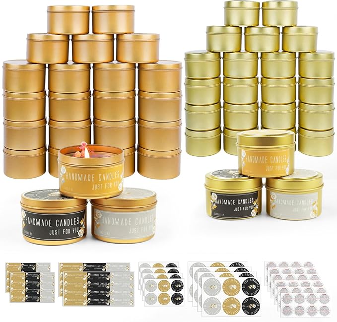 CONNOO 48 Pack Candle Tins - 24pcs 8oz + 24pcs 4oz Matte Gold Candle Jars with Lids for Making Candles, Bulk Empty Candle Containers with Sticky Warning Labels for Candle Making, Storage, and Gift
