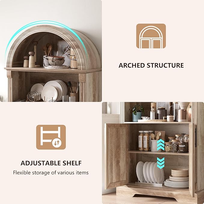 Vlsrka 71" Tall Arched Kitchen Pantry Cabinets, Wood Kitchen Storage Cabinets/Arched Bookshelf/Bookcase,China Cabinet with Open & Adjustable Shelves, Induction LED Light (Brown)