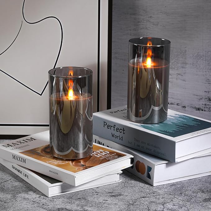 HaitanghuaRechargeable Candles, Remote Control Candles with Remote, 2/4/6/8 Hour Timer, USB Rechargeable flameless Pillar Candles, Gray, 6 inches (2-Pack)