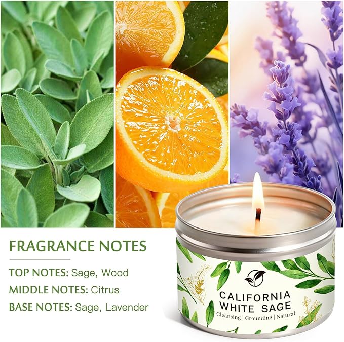 Sage Candle Gift Set, 6-Pack 6oz Natural Soy Wax Candles - Smokeless Clean Burn, Lead-Free Cotton Wicks, Calming Aromatherapy for Housewarming Spring Gifts for Women