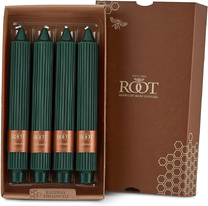 Root Candles 4-Count Unscented Dinner Candles Dripless Beeswax Enhanced Grecian Collenette Boxed Candle Set, 9-Inch, Dark Green