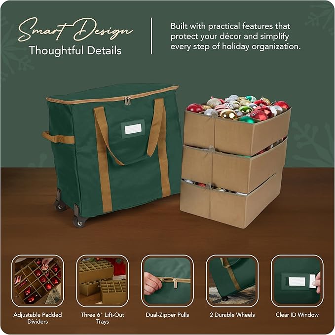 Covermates Keepsakes Rolling Adjustable Ornament Storage Bag – Heavy-Duty Polyester, FlexGrid Trays & Padded Dividers – Protective Holiday Organizer with Wheels, Handles & ID Window, Green