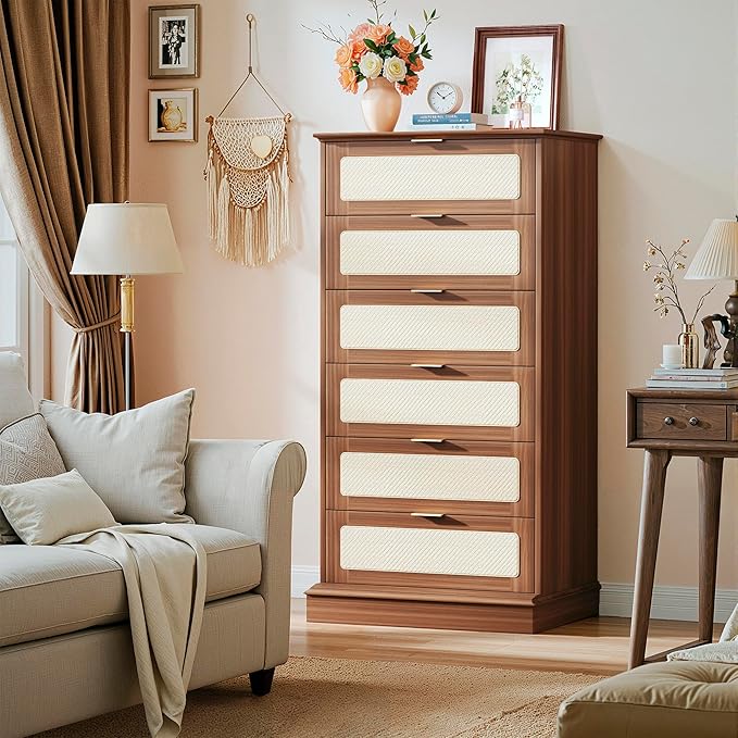 HUAHUU 6 Drawer Dresser for Bedroom, 50 Inch Tall Dressers & Rattan Chest of Drawers, Mid Century Style, Wood Modern Dressers Organizer for Bedroom, Living Room, Hallway, Entryway, Walnut
