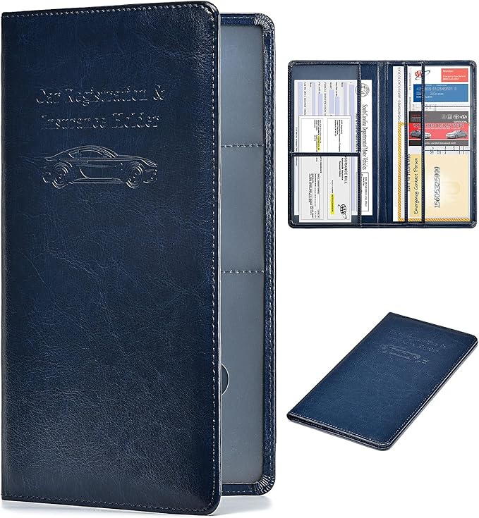 HerriaT Car Registration and Insurance Card Holder - Leather Vehicle Glove Box Automobile Documents Paperwork Wallet Case Organizer for ID, Driver's License, Key Contact Information Cards - Men&Women