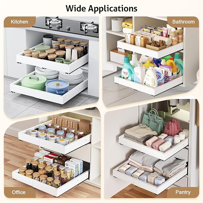 2 Pack Pull Out Cabinet Organizer, Expandable Width (11.4"-18.9") Depth (16.3"-21.7") Pull out Drawers for Cabinets with 3 Rails, No Drill Adhesive Film or Nail Slide out Drawers for Kitchen, Pantry