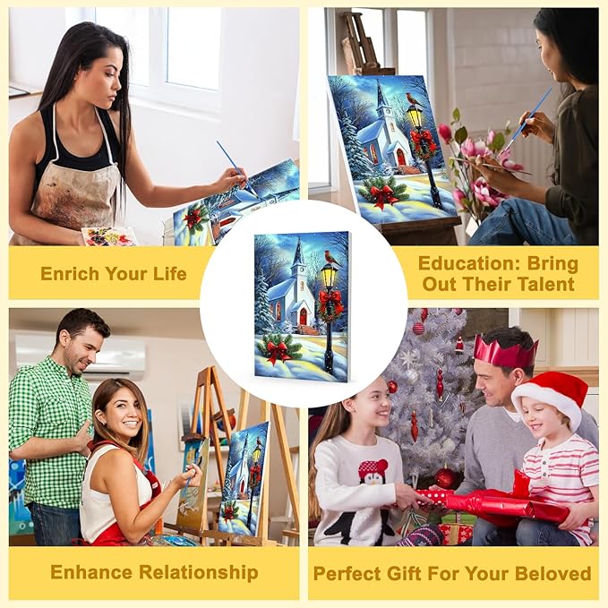 Bowetile Winter Paint by Numbers for Adults Framed Christmas, Church Adults' Paint-by-Number Kits, Adult Paint by Number Kits on Canvas, Acrylic Number Painting for Home Decor, 8x12in