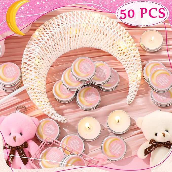 MTLEE 50 Pcs Over The Moon Baby Shower Candles Over The Moon Baby Shower Favors Gift Travel Tin Candle Aromatherapy Favors(Pink)