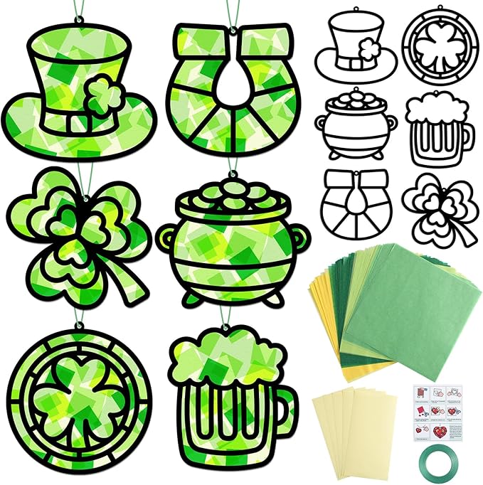 Qyeahkj 36 Set St. Patrick's Day Suncatchers Crafts for DIY Shamrock Window Tissue Paper Craft Kit Hanging Decor for St. Patrick's Day Home Activity Art Project Birthday Party Favor