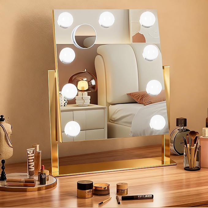 Ratsamee Gold Hollywood Vanity Mirror with Lights, 9 Dimmable Bulbs, 3 Color Lights,Make Up Lighted Mirror, 10x Magnification 360°Rotation(12" x 14")