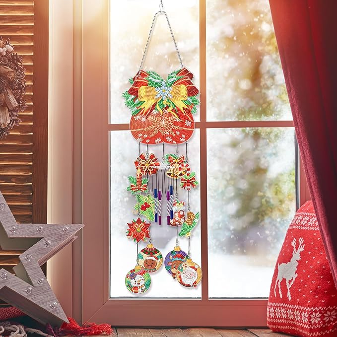 Christmas Balls Diamond Art Wind Chime Hanging Ornament DIY Kit 5D Diamond Art Painting Christmas Wind Chimes Hanging Pendant Double Side Special Crystal Paint by Number Garden Tree Home Window Decor