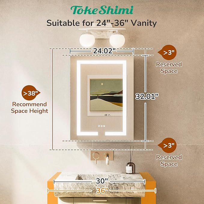 TokeShimi 24x32 Anti-Fog Led Medicine Cabinet Mirrored for Bathroom Surface or Recessed, Medicine Cabinet Mirror with Lights 3 Color Dimmable and Sockets, 2-Side Mirror with Storage UL-Listed Driver