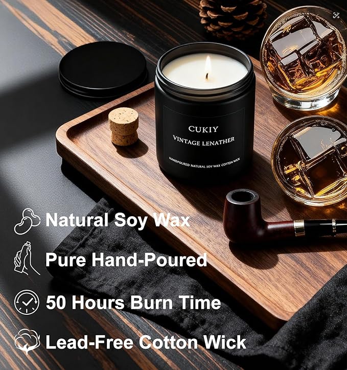 Scented Candle Gift Set, 4 Pack 25oz Soy Wax Candles, Long Lasting Aromatherapy Candles for Home Fragrance, Ideal Gift for Women and Men – Vintage Leather, Caramel Coffee, Rum Oak, Whiskey Tobacco