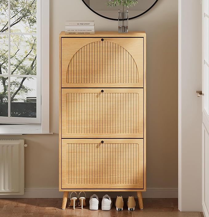 Fsbecl Shoe Storage Cabinet for Entryway with 3 Flip Drawers, Narrow Shoe Organizer with Fluted Panel, Freestanding Wood Hidden Shoe Cabinet for Hallway (Wood Color, 23.6''W, Double Layer)