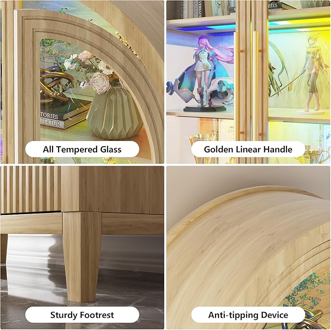LVSOMT 71" Tall Arched Storage Cabinet with Glass Doors and Drawers, Curio Display Cabinet with Adjustable RGB Light & Human Sensor, 4-Tier China Cabinet for Living Room(Wood)