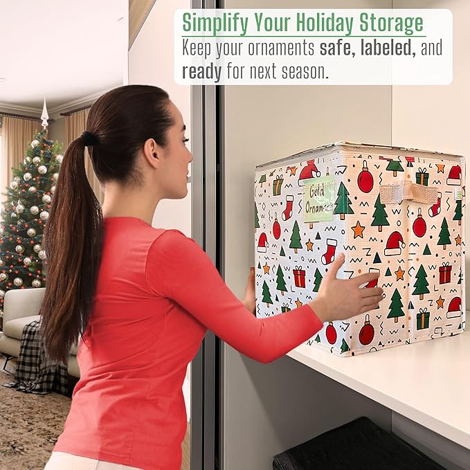 VENO 4 Pack Christmas Ornament Storage Box, Stores up to 64 Holiday Ornaments, Adjustable Dividers, Zippered Top, Storage bins with lids for holiday decorations-3 Inch Cube Compartments (Jingle Mix)