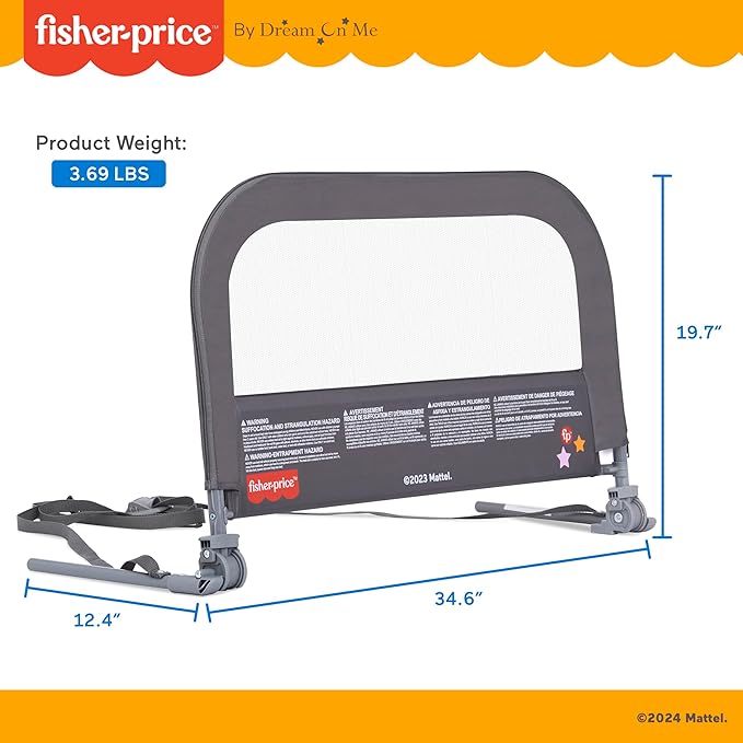 Dream On Me Fisher-Price Little Naps Bed Rail for Toddlers in Grey, Suitable for All Types of Beds, No Tool Assembly for Toddler Bed Rail