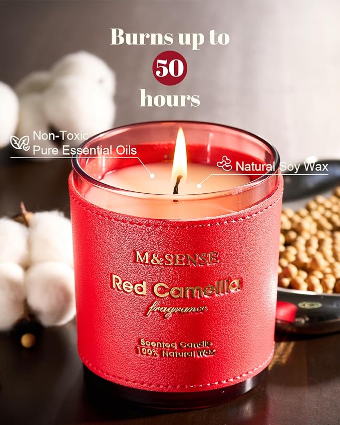 M&SENSE Red Camellia Candles for Women, Non Toxic Organic Soy Wax, 10oz 42 Hour Long Lasting Clean Burn, Spring Floral Scented Candles for Home, Stress Relief Valentines Aromatherapy Gifts for Her