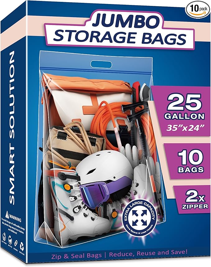 25 Gallon Extra Large Resealable Storage Bags with Zipper Top，35" x 24" Heavy Duty Clear Bags with Handles, 4 Mil Thick, Perfect for Clothing, Pillows, Travel, and Moving (10 Packs)