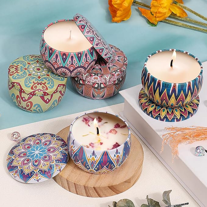 Blingfun 10 Packs 4 oz Candle Tins kit, Candle Making Tins, Candle Jars, 100pcs Candle Wicks, 100pcs Wick Stickers, Candle Containers for Making Candles (Flowers)