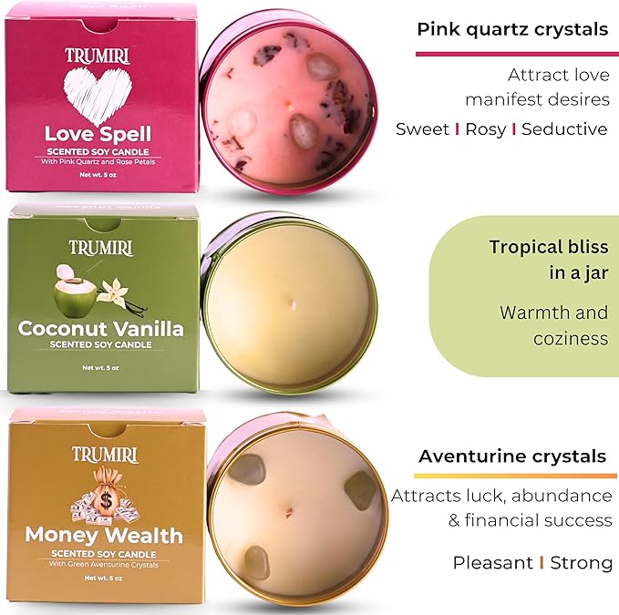 Love Spell, Money Wealth, Coconut Vanilla - Soy Candles Non Toxic - Highly Scented Long Lasting with Essential Oils - Variety Pack of 3 x 5oz - for Home Aromatherapy Meditation Gift Travel