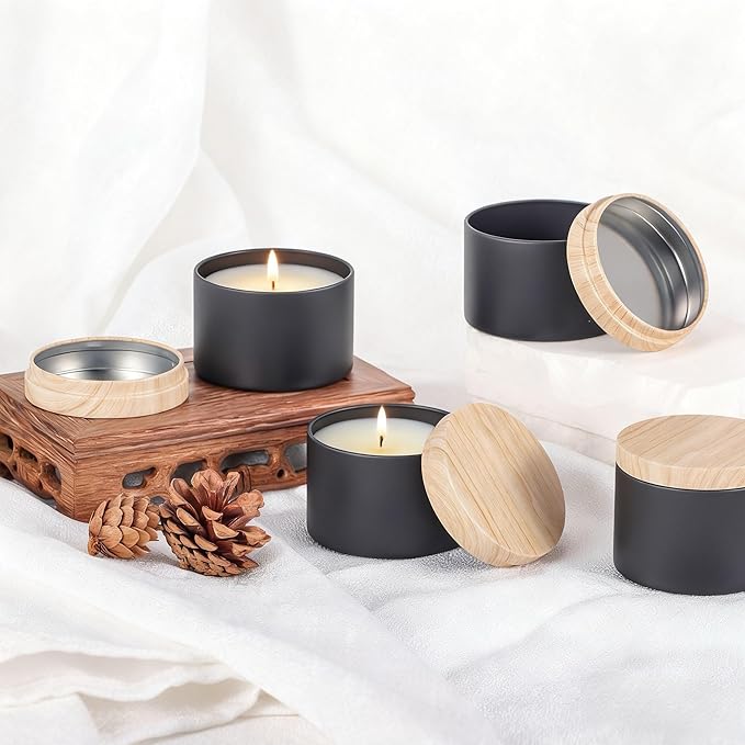 24 Pcs 8oz Candle Tins - Matte Black Bulk Empty Candle Jars with Wood Grain Lids, Candle Jars for Candle Making, Storage, and Gift (black-8oz)