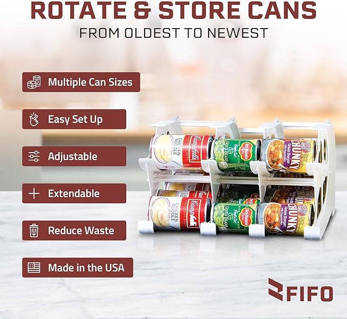 FIFO Can Tracker 2-Pack - 2-Tier Rotating Food Can Organizer for Pantry, Expandable Soda Can Storage for Kitchen, Holds 30 Cans of Food or Soda