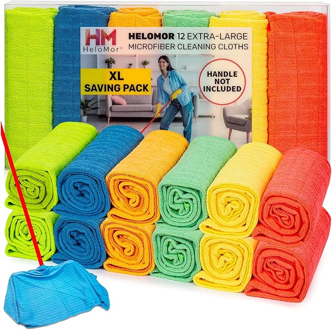 HELOMOR 12 Extra Large Microfiber Cleaning Cloths, 30"x18" Floor Towels for Squeegee Mop, Reusable Multi-Purpose Cleaning Rags for House, Kitchen, Car & Windows, Highly Absorbent, Lint-Free