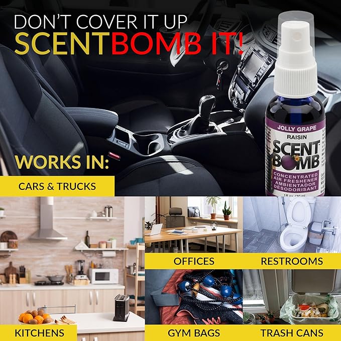 Scent Bomb Air Freshener Spray, Long-Lasting Odor Eliminator - Effective Deodorizer for Home & Car, Fresh Room Spray for Kitchen, Bathroom & Smell Neutralizer - 1 oz Pack of 4, Jolly Grape Scent