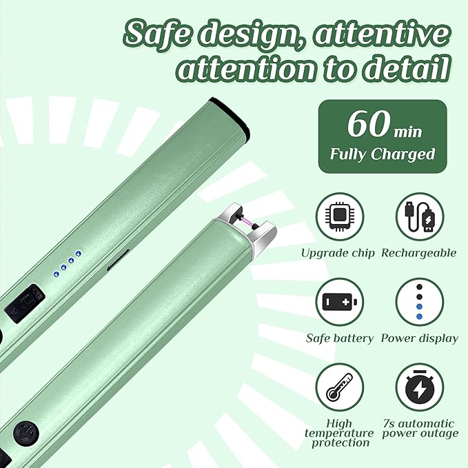 2 PCS Candle Lighter,Windproof Flameless Electric Lighter with LED Power Display ＆ Safety Switch, Upgraded Plasma USB Rechargeable Lighters for Birthday Camping BBQ (Green)