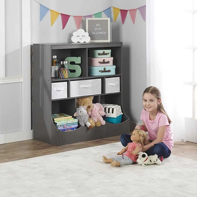 Badger Basket Combo Bin Toy Storage Unit and Book Shelf for Kids with 3 Baskets - Dark Gray
