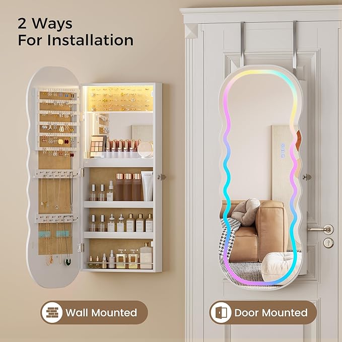 Lvifur RGB Lighted Mirror Jewelry Cabinet,LED Wavy Wide Mirror with Storage, Wall or Door Mounted Jewelry Organizer with Interior Mirror,Lockable Jewelry armoire,Gift Ideal