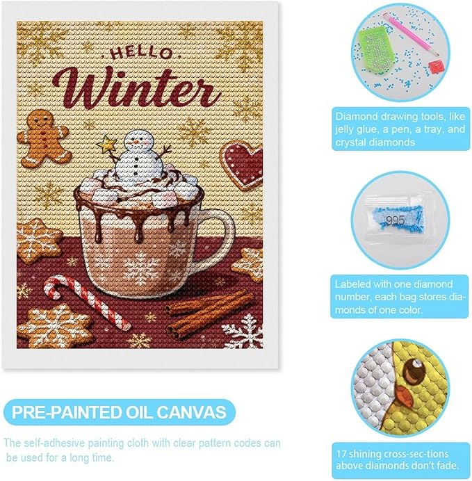 Diamond Painting Kits for Adults - Hello Winter Ice Cream & Gingerbread Snowflakes & Candles Painting DIY 5D Full Drill Diamond Dots Paintings with Diamonds Gem Art And Crafts Home Decor 12"x16"