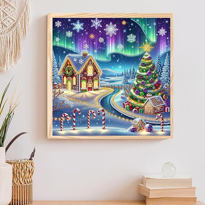 5D Aurora Xmas House Special Shape Diamond Art Kits for Beginners, Christmas Winter Theme Diamonds Painting Kits for Adults,DIY Crystal Rhinestones Diamond Paintings for Home Wall Decor 12×12Inch