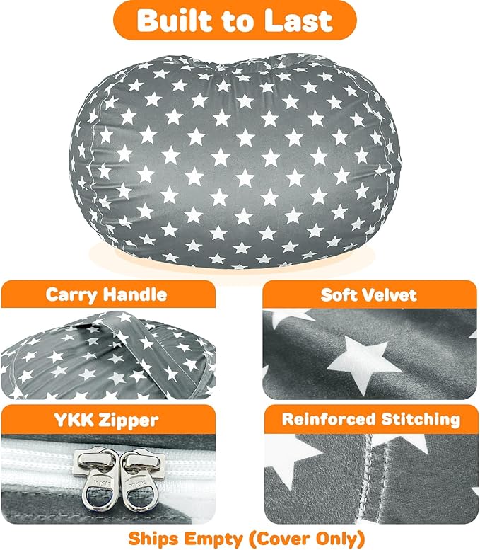 Lukeight Stuffed Animals Storage Bean Bag Chair Cover Only (Ships Empty, No Filling) - Velvet YKK Zipper Beanbag Cover for Toddlers and Kids, Washable Plush Toy Organizer, Large 27" D x 16" H