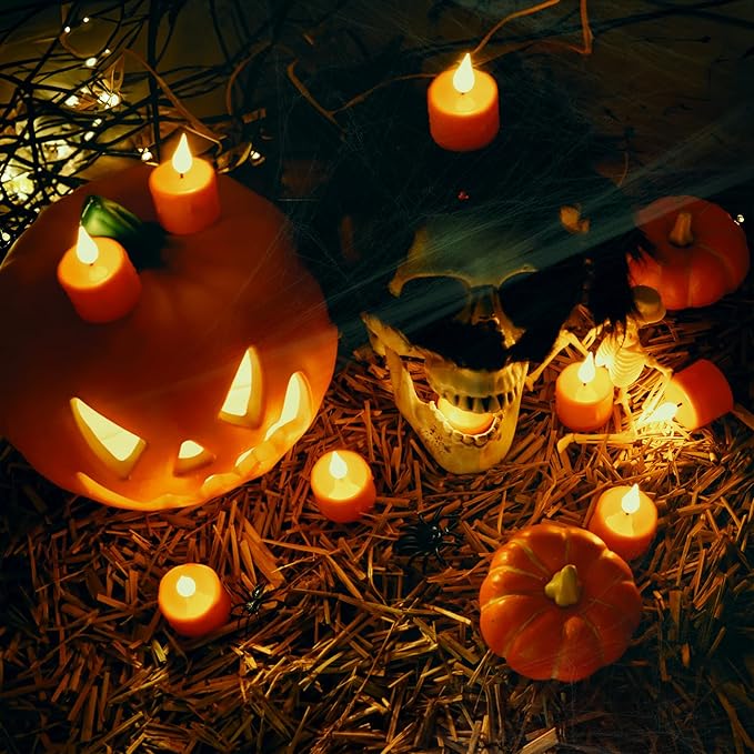 Daord 6 pcs Halloween Orange LED Tea Light Candles Rechargeable Flickering Flameless Pumpkins Lantern Tealights with Remote for Fall Thanksgiving Christmas Decor (Orange)