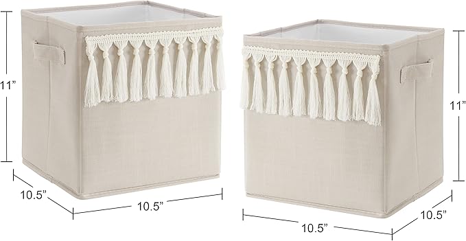 Sweet Jojo Designs Boho Bohemian Foldable Fabric Storage Cube Bins Boxes Organizer Toys Kid Baby Children - Set of 2 - Solid Taupe Beige Ivory Cream Off White Linen Farmhouse Shabby Chic Modern Tassel