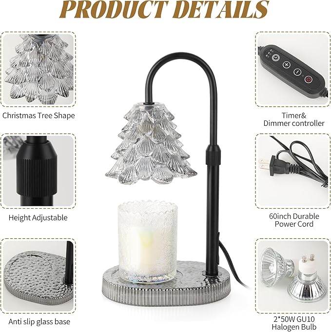 Christmas Tree Shaped Candle Warmer Lamp with Timer & Dimmer – Adjustable Wax Melt Lamp for Jar Candles, Home Decor Accent for Women – 2 Bulbs, Flame-Free & No-Smoke Use (Gray)