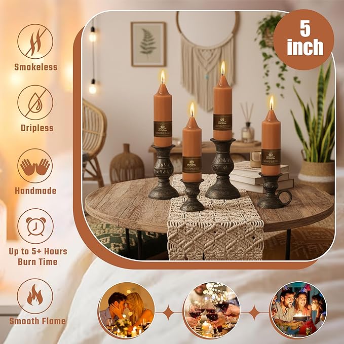 5 Inch Pumpkin Taper Candles Hand Poured Unscented Smokeless Short Chunky Tapered Candles for Cozy Living Room Hygge Farmhouse Kitchen Mantel Display