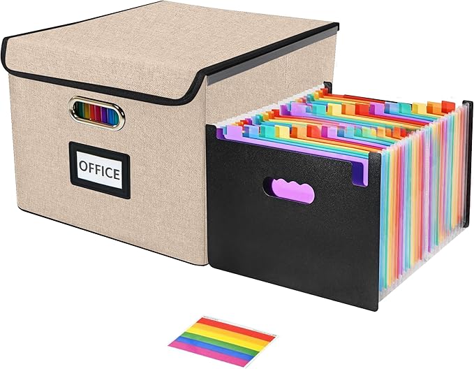 File Organizer Box with 25-Pocket Accordion Folder, File Folder & Protective Lid - Document Storage for Home, Office, School, Khaki
