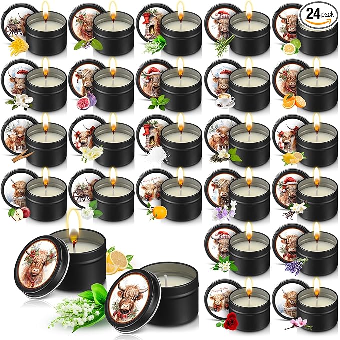 Nuanchu 24 Pack Christmas Scented Candles Gift Set Highland Cattle Candle for Her Him 2oz Natural Soy Wax Jar Long Lasting Aromatherapy Bulk Favors Set for Christmas Party Home Decor