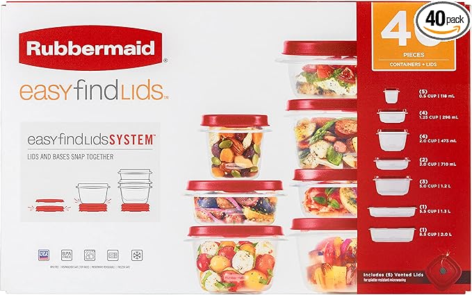 Rubbermaid Kitchen Storage Containers, 40-Piece Assortment with Microwave Vented Lids, Red