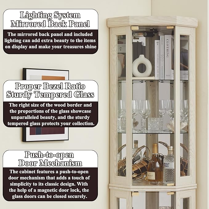 69" H Lighted Curio Cabinet Corner Display Case,Corner Glass Cabinet with Tempered Glass Door and Adjustable Shelves,Wooden Curio Case with Mirrored Back Pane (Style 2 - Antique White)