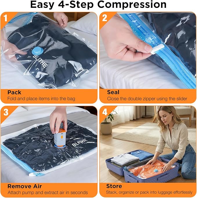Travel Vacuum Storage Bags with Compact Cordless Pump, 15-Pack Space Saver Vacuum Seal Bags for Clothing & Luggage, Reusable Compression Bags in 3 Carry-On Sizes
