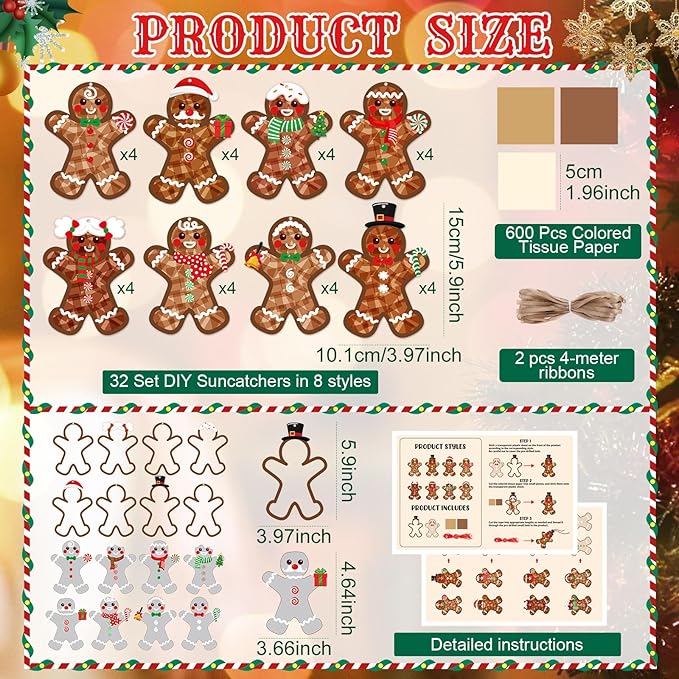 Tinlade 32 Set Christmas Gingerbread Man Suncatchers Craft Kit Xmas DIY Window Stained Glass Tissue Paper Make Your Own Gingerbread Hanging Ornaments Christmas Winter Home School Classroom Activities